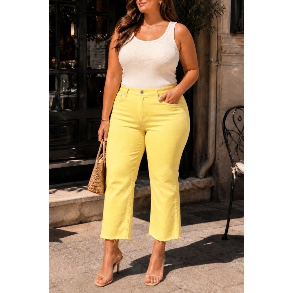 J Crew Charley Kickout Crop Jeans Women 31 Tall Yellow High Rise Stretch Raw Hem
